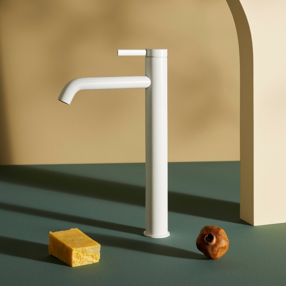 Lifestyle image of the Roca Ona Matt White Tall Basin Mixer Tap with Click-Clack Waste